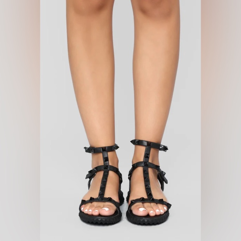 Black Studded T-Strap Women’s Sandals
